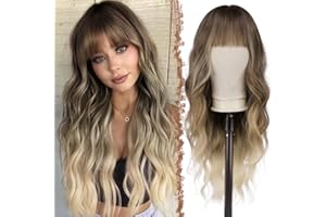 FESHFEN Parrucca Ondulata con Frangia per Donna, 65 cm Parrucche Lunga Ondulati Ricci Sintetici Naturali Capelli Parrucca Resistente al Calore per Uso Quotidiano Festa, Biondo Ombre Misto Marrone
