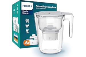 Philips Water Filtro caraffa +4 cartucce filtranti di ricambio Anticalcare+, FINO AL 50% IN PIÙ DI RIDUZIONE DELLA DUREZZA, flusso rapido, bianco, 2,6 litri, timer elettronico