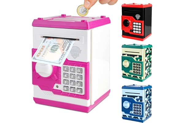 Pup Go Elektronisk sparbössa för barn 3–12 år | stor kapacitet och automatisk pengamatning med lösenord, realistiska ATM-ljud