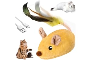 TaimeiMao Ratón Eléctrico para Gatos, Ratón Mágico, con Cola de Plumas, Recargable por USB, Interactivo (Amarillo)