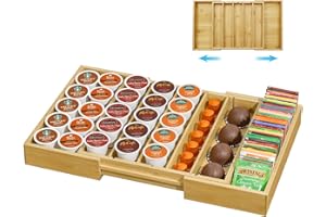 Kssiaz Soporte para Cápsulas de Café, Cajón de Bambú Expandible Organizador Divisores de K-Cups, Dispensador Bolsas de Té para Cafetera Encima, Portacápsulas para Oficina Casa, Bambú