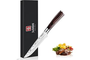 JUANSHI® Couteau à steak de 11,4 cm - Couteau à steak japonais en acier inoxydable de qualité supérieure avec lame dentelée ultra tranchante et manche en bois ergonomique, idéal pour les gourmets,