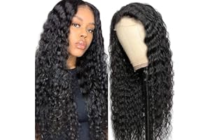 CREUOST 24 Inch Perücke 4x4 Lace Front Human Hair Wig Echthaar Perücke Frauen Natürliche #1B Natural Color Deep Wave Human Hair Wig Glueless Brazilian Virgin Hair Unrrocessed Baby Hair