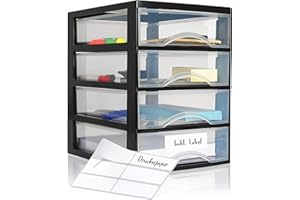 Hausfelder Schubladenbox A4, Box mit 4 Schubladen aus Kunststoff inkl. Aufkleber, Organizer für Büro, Schreibtisch, Ablage, stapelbar und transparent