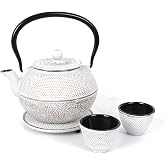 Echtwerk Cast Iron Tea Set Teapot 1.1L with Removable Strainer Tea Maker with Trivet Vintage Design Teapot Set for Making Loose Tea Cream