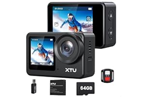 XTU Camera Sport 4K 30FPS 20MP avec Carte SD 64Go, Caméra Étanche sous Marine avec Écran Tactile Double Affichage, Action Cam avec 2.4GHz WiFi Télécommande, EIS Stabilisation4.0, Kit d'Accessoire
