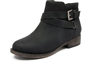 Ataiwee Bottines pour femmes - Fermeture éclair latérale classique avec sangle de boucle, bout rond plate-forme, talon bas et épais confortable à enfiler à la mode (noir/brun foncé/gris) bottes