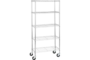 Amazon Basics Meuble de rangement moyen à 5 tablettes étroites sur roulettes avec étagères réglables en hauteur et pieds de nivellement, poids maximum de 680 kg, chromé, 35.6 x 76.2 x 164.5 cm