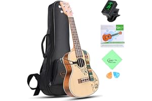 Hricane Ukelele Concierto Ukulele Panel de abeto 23 pulgadas estampado con flores láser para principiantes, hawaiana Ukele incluye Funda