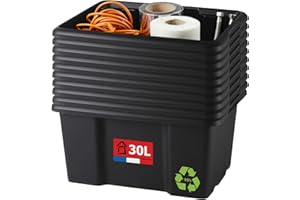 Sundis Bac de rangement 30L, lot de 10, en plastique recyclé noir, L.46,5xl.36,5x H23cm, empilable et superposable, multiusage, idéal pour l’atelier, le bricolage ou le transport