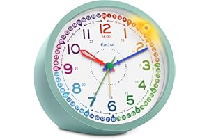 Eachui Analog Wecker Kinder ohne Ticken für Jungen und Mädchen - Lernwecker mit Nachtlicht, Snooze und batteriebetrieben analog Quarzwecker, einfach einzustellen(Grün)