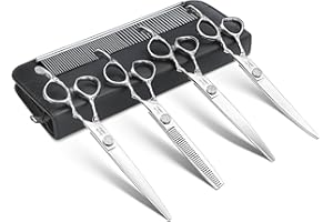 JASON Profi Hundeschere Set - 6 in 1 Hundeschere Set, Gerade/Gebogene/Chunker Schere und Kamm für Hund Katze Haustier mit Verstellbarer Schraube，Silver