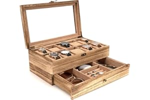 Emfogoo Watch Box - 10 Slot Watch Case for Men Women, 2 Tier Wooden Watch Holder Organizer Display for Mens, Gift For Boyfriend Fathers Day Birthday Gifts (Carbonized Black)