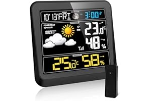 VOKSUN Wetterstation Funk mit Außensensor, Digitale Funkwetterstation Innen und Außentemperatur- und Luftfeuchtigkeitanzeige mit Hintergrundbeleuchtung, Farbdisplay Wettervorhersage