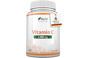 ‎NU U NUTRITION Vitamin C 1000mg Hochdosiert - 180 Vegane Tabletten für 6 Monate - Vit C als L-Ascorbinsäure - Nu U Nutrition