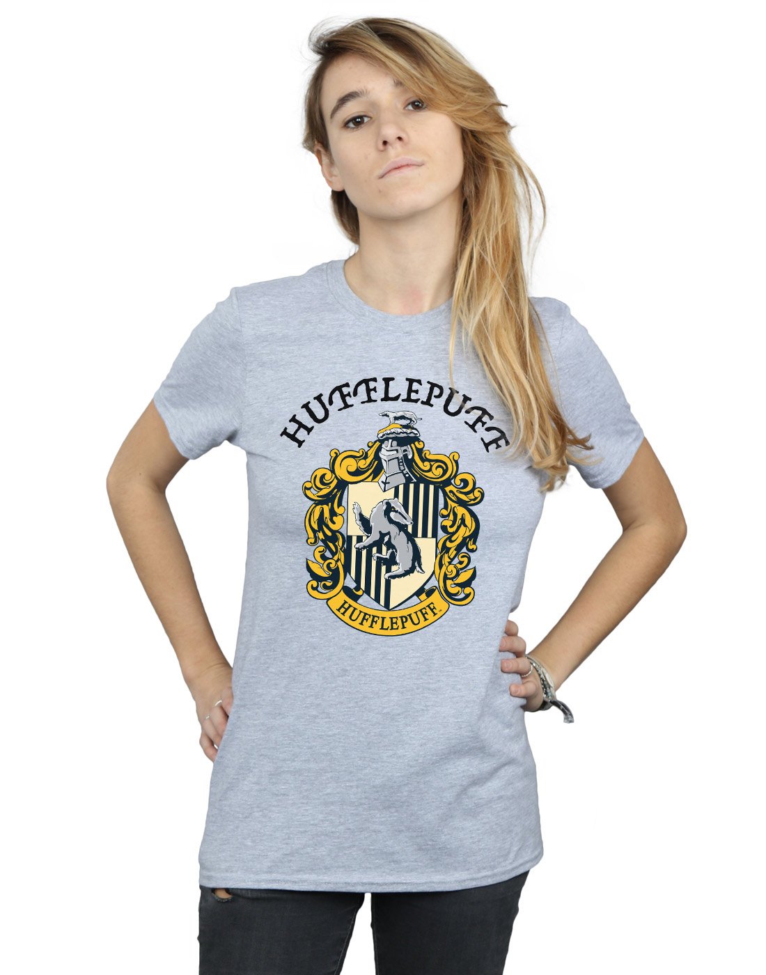 Absolute-Cult-Harry-Potter-Damen-Hufflepuff-Crest-Boyfriend-Fit-T-Shirt-Sport-Grau-Small