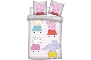 BrandMac ApS Bettwäsche Peppa Wutz, 100% Baumwolle, Bettbezug, Rosa, liniert, 100 x 135 cm + Kissenbezug 40 x 60 cm