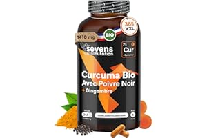 SEVENS NUTRITION Curcuma Bio Gélule Anti Inflammatoire avec Gingembre et Poivre Noir – 1410 mg par Dose – 365 Gélules – Format XL Éco – Complément Articulations Os Vegan Naturel – Sevens