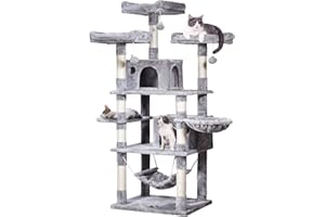 JISSBON Cat Tree Tower 170cm Cat Scratching Post with Condos, Basket, Hammock & Plush Perches for Kittens, Large Cats, Light Grey