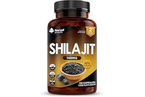 NEW LEAF PRODUCTS Shilajit Capsules 1400mg 60% Fulvic Acid - High Strength Himilayan Shilajit, 2 Months Supply Shalajit Resin - Made in The UK Supplement by New Leaf 120 Capsules