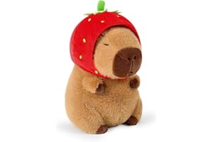 Kunaxku Capybara, 25cm Juguete de Peluche de Capibara avec Chapeau de Fraises, Brun Poupée en Plush Capibara, Simulation Peluche en Capybara, Muñecos Plush Kapibara, Cadeau pour Enfants Adultes