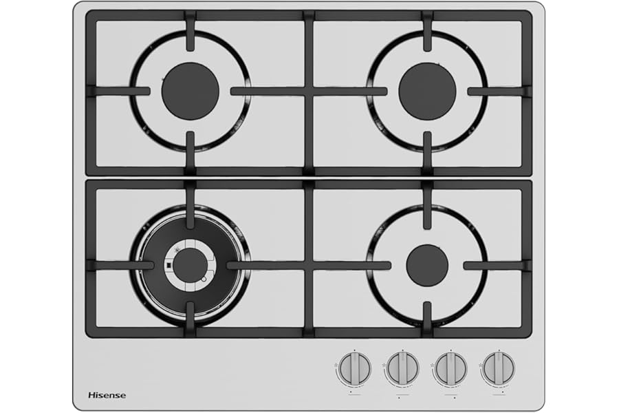 Hisense GM663XHFSI – 60 cm Gas Hob, 4 Burners, Double Crown Wok Burner, Cast Iron Grills, Integrated Ignition, Stainless Steel Anti-Fingerprint
