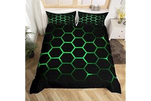 LOUSSIESD Set di biancheria da letto esagonale 3D geometrica a nido d'ape copripiumino alveare esagono consolatore copertura neon verde nero biancheria da letto e biancheria da letto 2 pezzi formato singolo