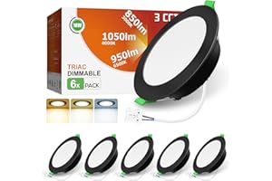 ALUSSO Black LED Downlights Ceiling Dimmable 10W 1050LM IP44 Recessed Ceiling Lights, 3CCT 3000K Warm 4000K Neutral 6500K Cool Adjustable Bathroom Spotlights, 6 Pack