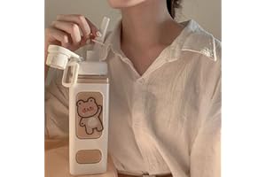 Asslye Kawaii Bear Water Bottle,700ml Square Drinking Bottle With Straw,Large Kawaii Water Bottle for Girl Cute Juice Tea Water Cups