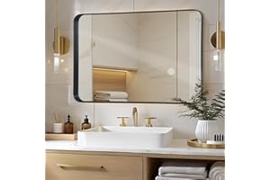 LunaMirror Wall Mirror 75x100 CM Wall-Mounted Bathroom Vanity Mirror Shadow Box Black Frame Wall Decor Rectangle Wall Hanging with Curved Corners for Hallway Entrance Living Room Bedroom