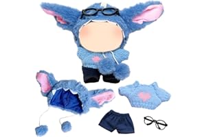 XERTEAM 17cm Blue Plush Doll Clothes, 4 Pcs Cute Cartoon Plush Doll Outfit, 17cm Blue Puppy Clothing, Pink Ear Head Cover + Sweater with Pink Heart Print + Shorts + Black Glasses, Ideal Children's Gift