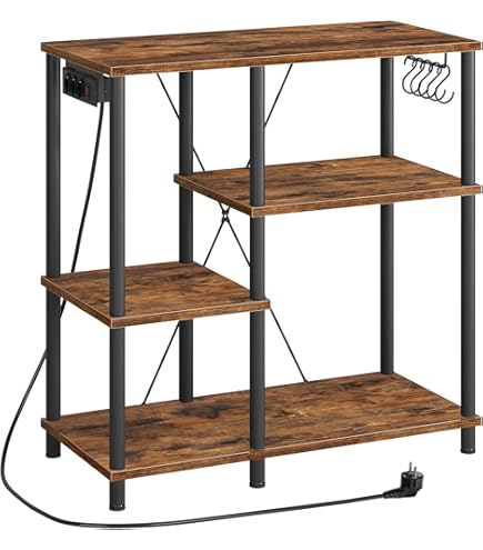 HOOBRO Scaffale Da Cucina Con 4 Prese Di Corrente, Mobile Porta Microonde Con Cesto A Rete E 4 Ganci, Marrone Vintage E Nero