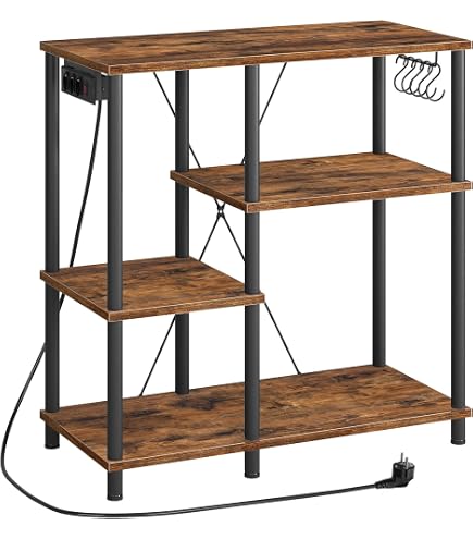 HOOBRO Scaffale Da Cucina Con 4 Prese Di Corrente, Mobile Porta Microonde Con Cesto A Rete E 4 Ganci, Marrone Vintage E Nero