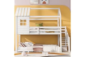 ‎FEZTOY FEZTOY Kinderbett Baumhaus mit Ecktreppe und Fallschutz, Etagenbett mit Treppe 2 Kinder 90 x 200cm, Hausbett, Hochbett für Kinder, 1X Lattenrost, Rahmen aus Kiefer (weiß)