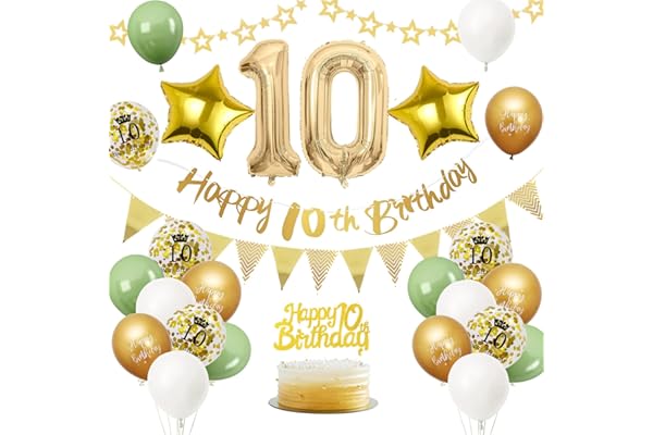 Ballon de Fête Anniversaire 10 Ans Or et Vert - Dèco et Ballons Inclus