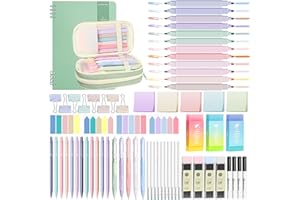 YIBONIKA 69 PCS Aesthetic School Supplies with Green Pencil Case, 12 Pastel Highlighters, 5 Gel Pens, 12 Mechanical Pencils 0.5 & 0.7 mm, Notebook, Sticky Notes for School Office Stationery