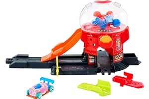 Hot Wheels Toy Car Track Set, Gumball Machine Playset with 1:64 Scale Die-Cast Donut-Shaped Vehicle & Speed Snap Track, Downtown City Candy Shop, JBM62