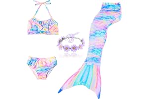 DAXIANG 3 Pièces Maillot de Bain Princesse Queue de Sirène Mermaid Bikini Déguisement pour Enfant Fille 3-14 Ans