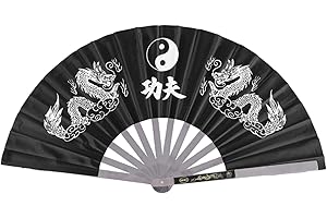 TINJE Practice Training Performance Tai Chi Fan, Double Dragon Hand Fan Stainless Steel Kung Fu Fan Hand Held Folding Chinese Embroidery Martial Arts Fan For Dance Fighting Festival Wall Decorations Gift