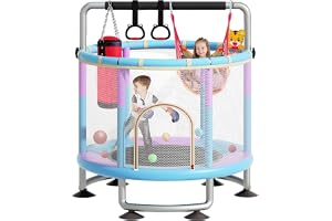 5-in-1 Toddler Trampoline for Kids, Upgrade 60"Trampoline for Toddler Indoor Outdoor, Trampoline with Safety Enclosure Net and Swing, Ocean ball, Children's sandbag