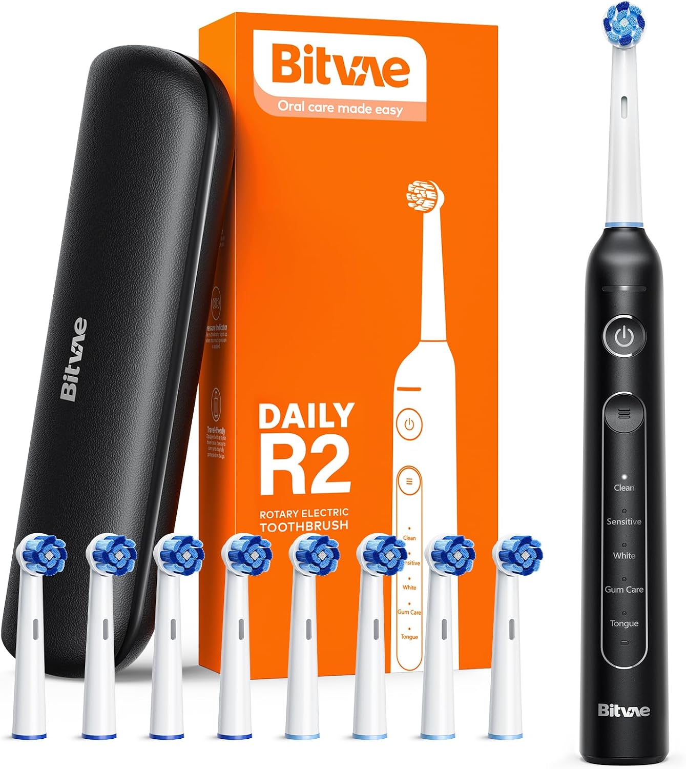 Cepillo Eléctrico Bitvae R2, Doble Poder de Limpieza, Suave con las Encías, Recarga Cada 30 Días, 5 Modos, Sensor de Presión, 8 Cabezales y 1 Estuche de Viaje, Negro