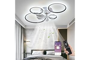 MiiR Ventilatore Da Soffitto Con Luce, Plafoniera LED Con Ventilatore Telecomando E APP Silenzioso, Plafoniera Dimmerabile 96W Timer Luce Con Ventilatore Per Camera Da Letto Soggiorno Nero 80x12 Cm