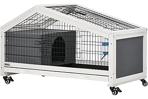 PawHut Rabbit Hutch, Guinea Pig Cage, Small Animal House Bunny Run w/Water Bottle, Wheels, Plastic Slide-out Tray, for Indoors - Dark Grey
