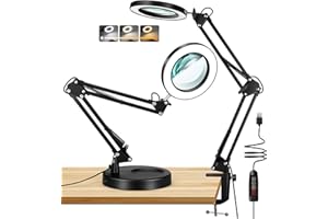 TOBEGIGA Magnifying Glass with Light and Stand, Real Glass Lens LED Desk Lamp, 3 Color Modes Stepless Dimmable Magnifying Lamp & Clamp, Adjustable Swing Arm Lighted Magnifier for Reading Crafts Repair