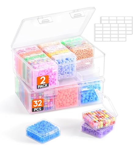 Mathtoxyz Opbergdoos voor kralen, 31 stuks, kleine plastic opbergdozen, doorzichtige kleikralen, opbergcontainers met scharnierend deksel en rechthoek voor knutselen, doe-het-zelf diamanten, kleine