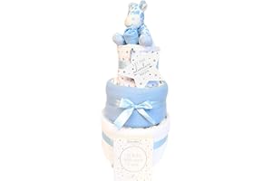 BABY MOI 3 Tier Nappy Cake Diaper for Newborn Boy Keepsake Gift Set (9 Pieces Milestone Cards, Giraffe Socks, Towel Muslins Plaque) Baby Shower Maternity Presents for Mum to Be