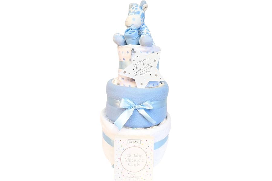 3 Tier Nappy Cake Diaper for Newborn Boy Keepsake Gift Set (9 Pieces Milestone Cards, Giraffe Socks, Towel Muslins Plaque) Baby Shower Maternity Presents for Mum to Be