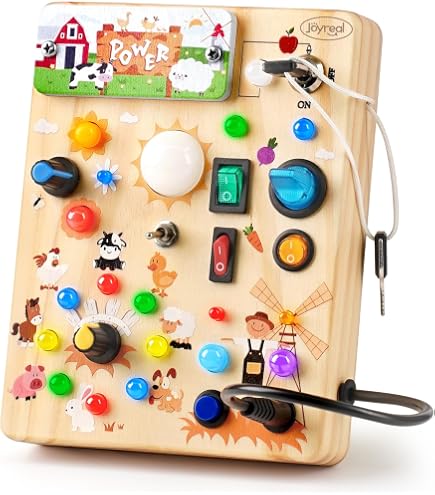 Busy Board De Dinosaurio Montessori 1 Año | 10 Interruptores Y 23 Luces LED | Juguete Sensorial De Madera | Pilas AAA No Incluidas