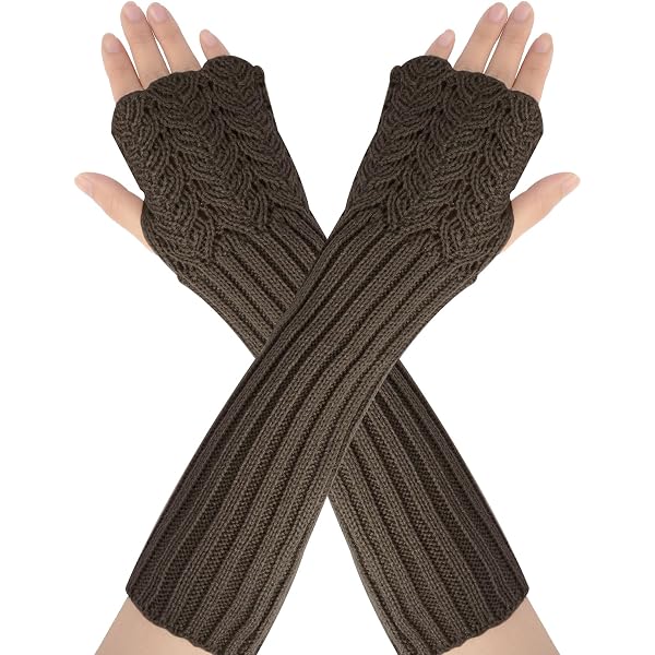 2 Paia Guanti Lunghi Senza Dita Invernali - Scaldabraccia A Maglia Con Foro Pollice - Nero/Bianco