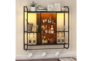 ‎YOURLITE YOURLITE Weinregal Wand mit LED-Licht, Bar Regal Wand Küche, Schwebende Regale mit Verstellbarer Glasablage, Wandmontage Wine Display-Ständer mit 6 S-Haken, für Spielzimmer, Wohnzimmer, Schwarz